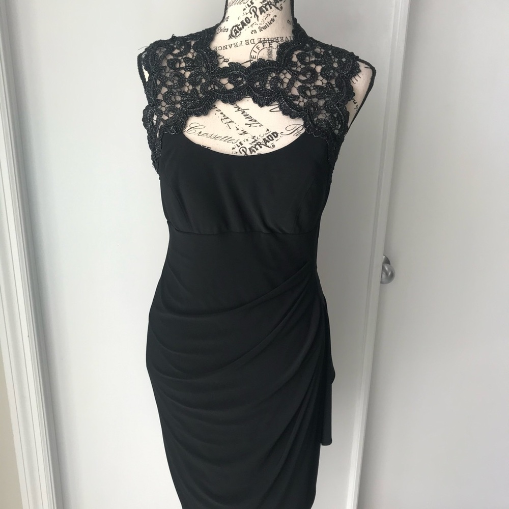 Cache Elegant Lace Midi Cocktail Dress – Black & Bloom, Sheer Lace Back